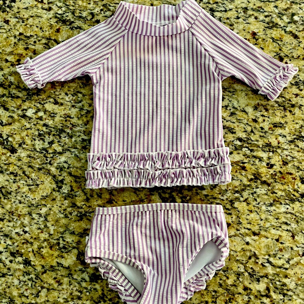 NWOT periwinkle/purple Ruffle Butts two piece rash guard swim set